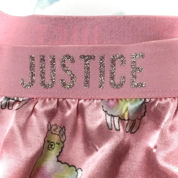 Justice Kids Pink Satin Shorts Rainbow Blue Yellow Sleeping Llama Pajama Bottoms - Picture 6 of 6